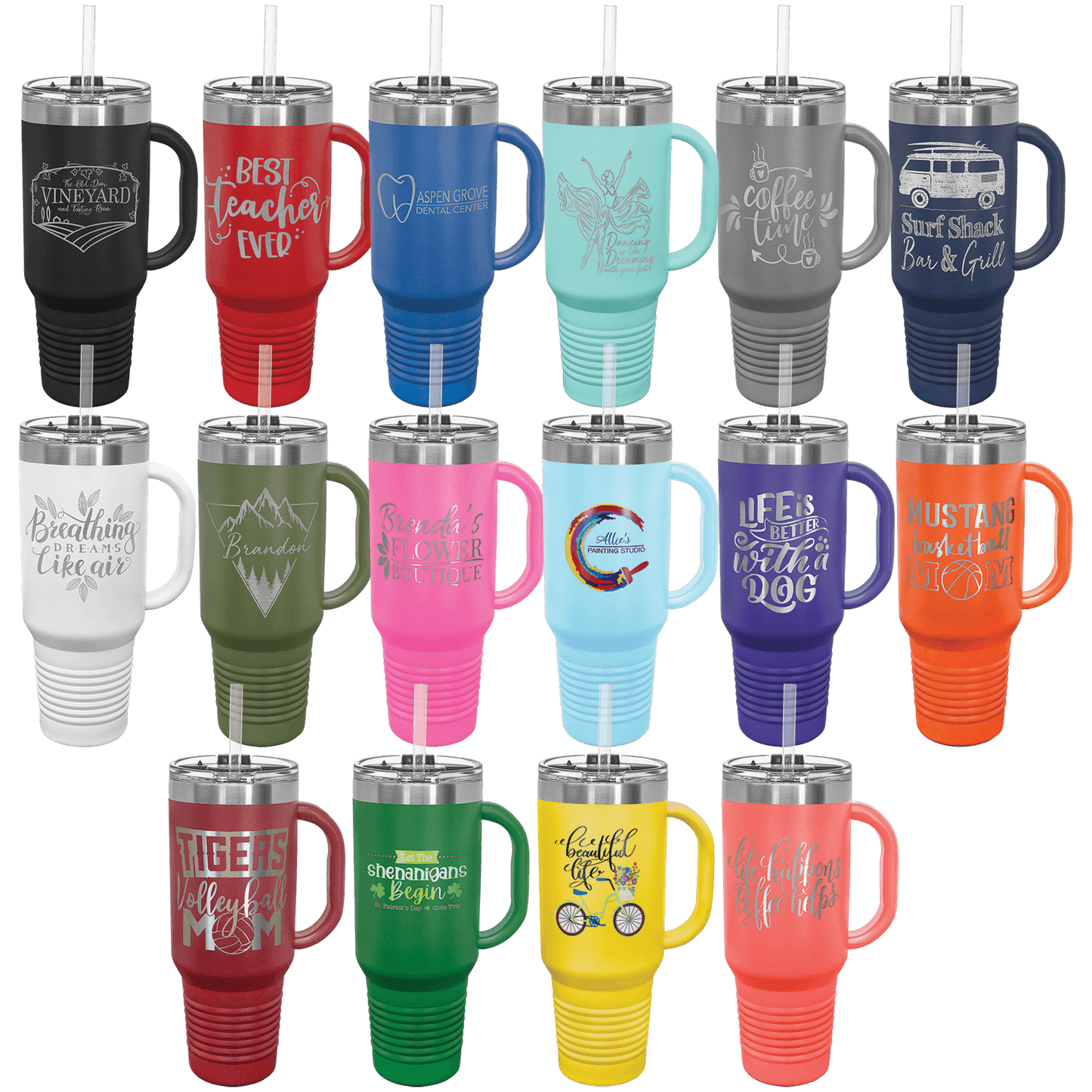 40 oz.  Travel Mug with Handle and Straw