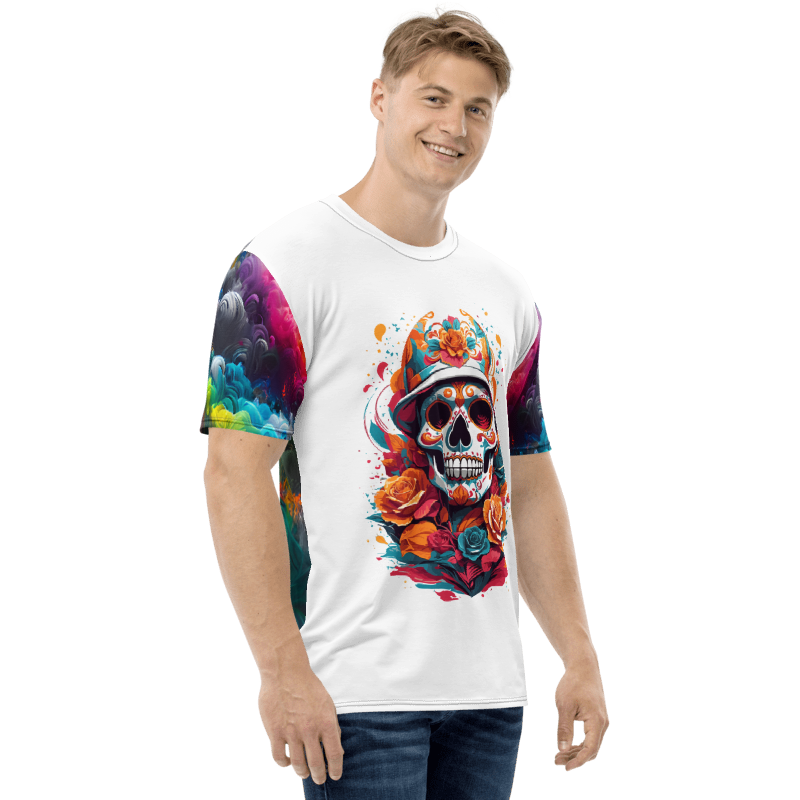 Skull on White Shirt - Colorful Sleeves