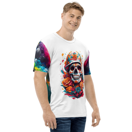 Skull on White Shirt - Colorful Sleeves